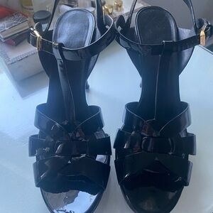 SAINT LAURENT tribute Elegant Black Strappy Sandals patent leather black 41